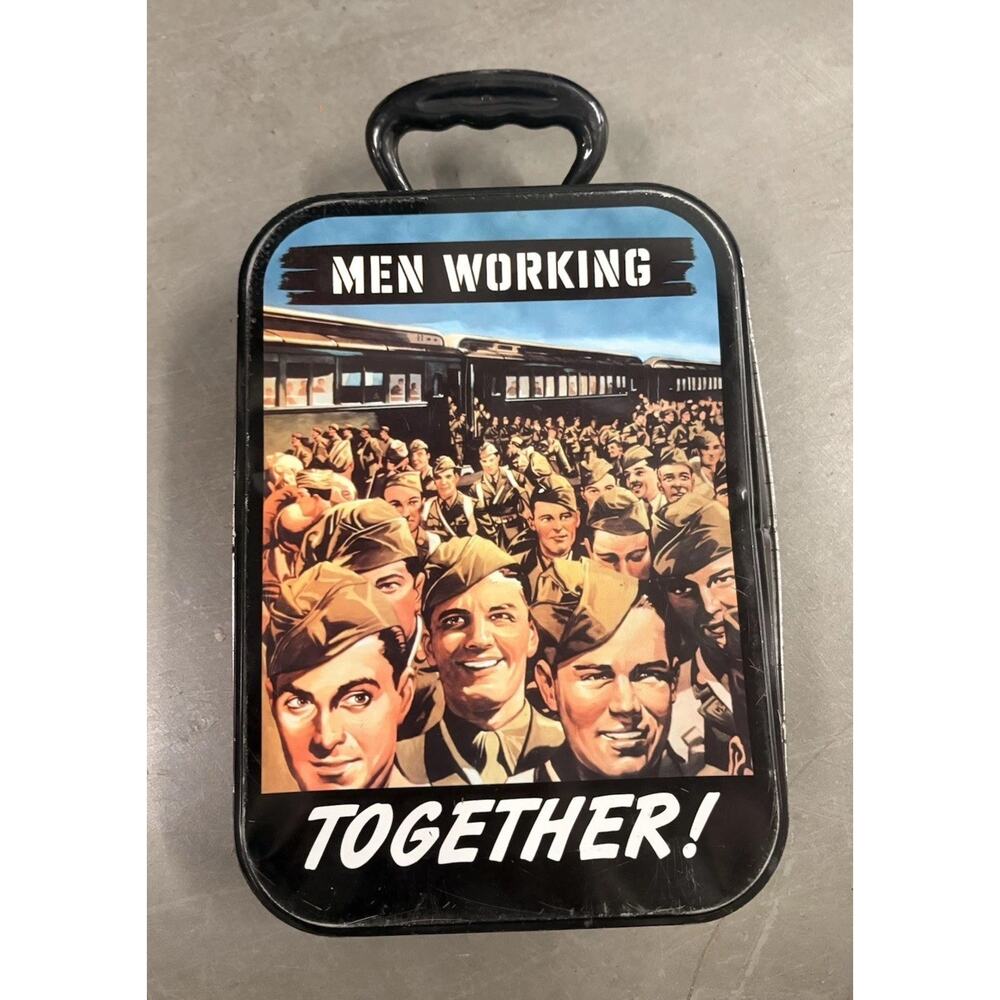 VTG WWII propaganda poster lunch box Men working together Y2K